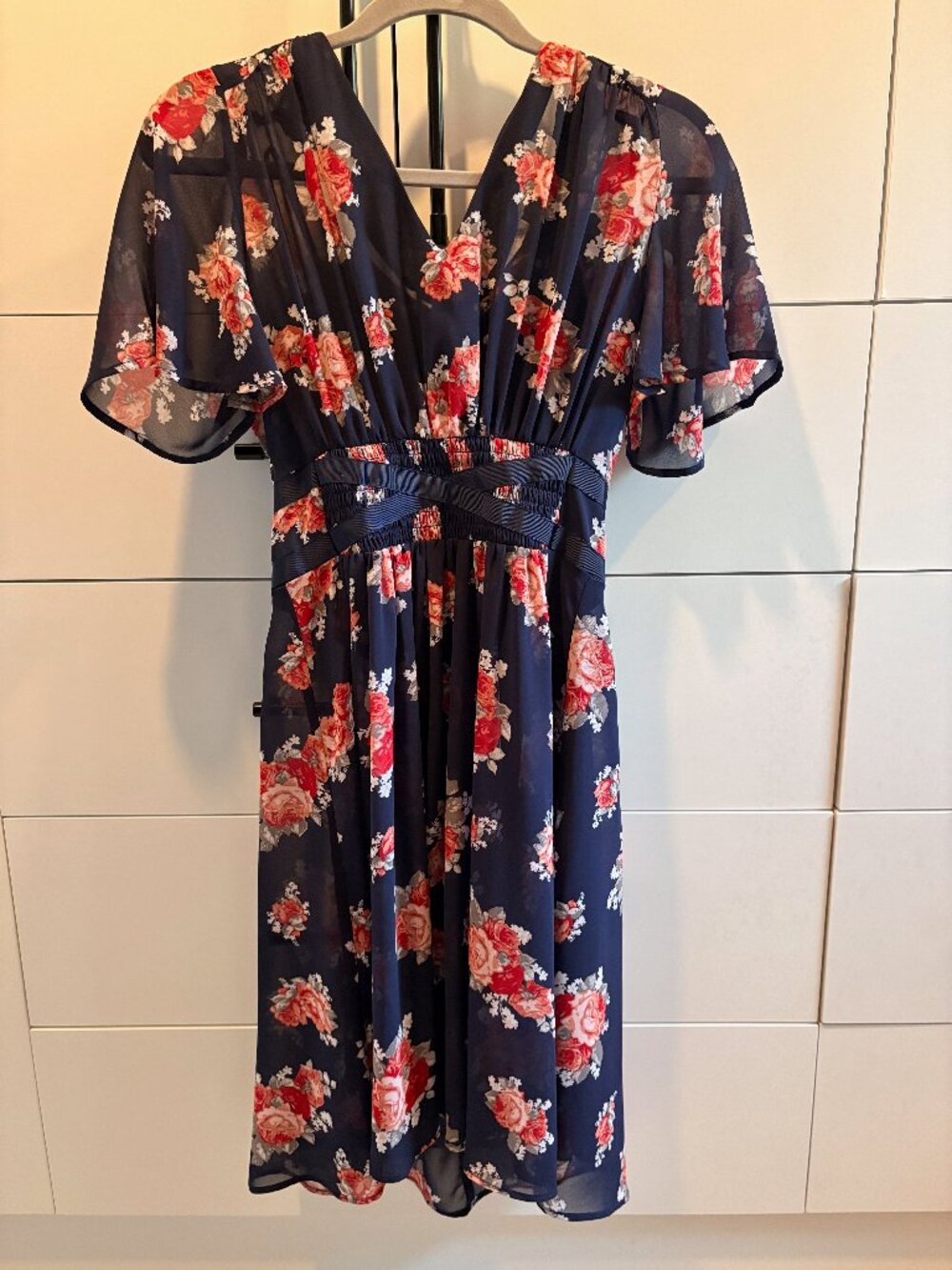 JustFab Navy Blue Floral Chiffon High-Low Dress